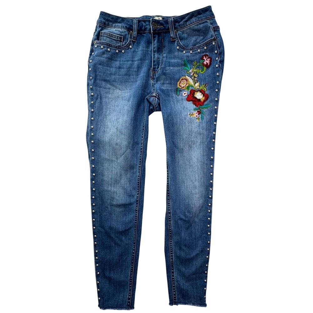 Reba Skinny Jeans Womens 4 Blue Floral Embroidered Studded Western Boho Denim